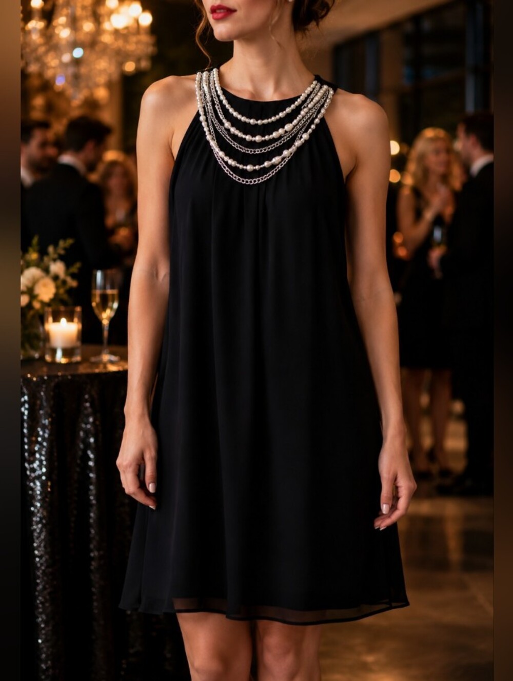 London Times Black Pearl Necklace Dress Sleeveless Cocktail Party